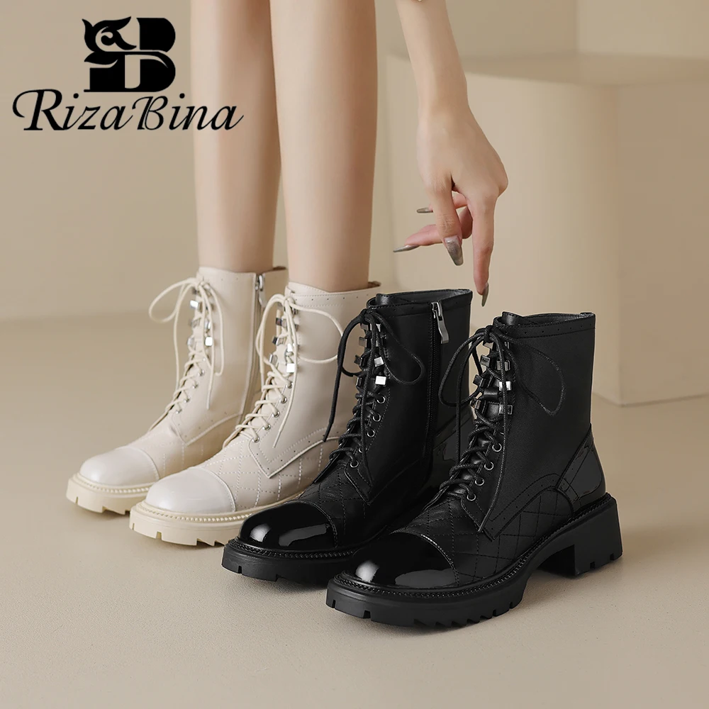 

RIZABINA Women's Ankle Boots Genuine Leather Grid Design Chunky Heel Lace Up Marton Boots Winter Warm Non-slip Motorcycle Boots