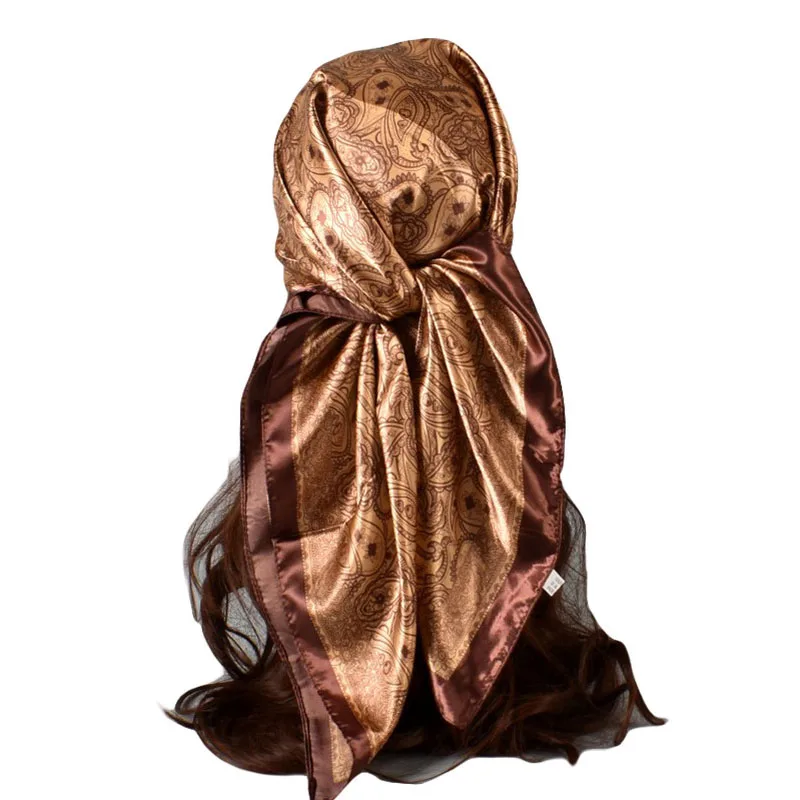 

90*90cm Paisley Printed Square Scarf For Women Design Silk Scarves Bandanas Luxury Female Large Shawl Beach Wraps Elegant Hijab