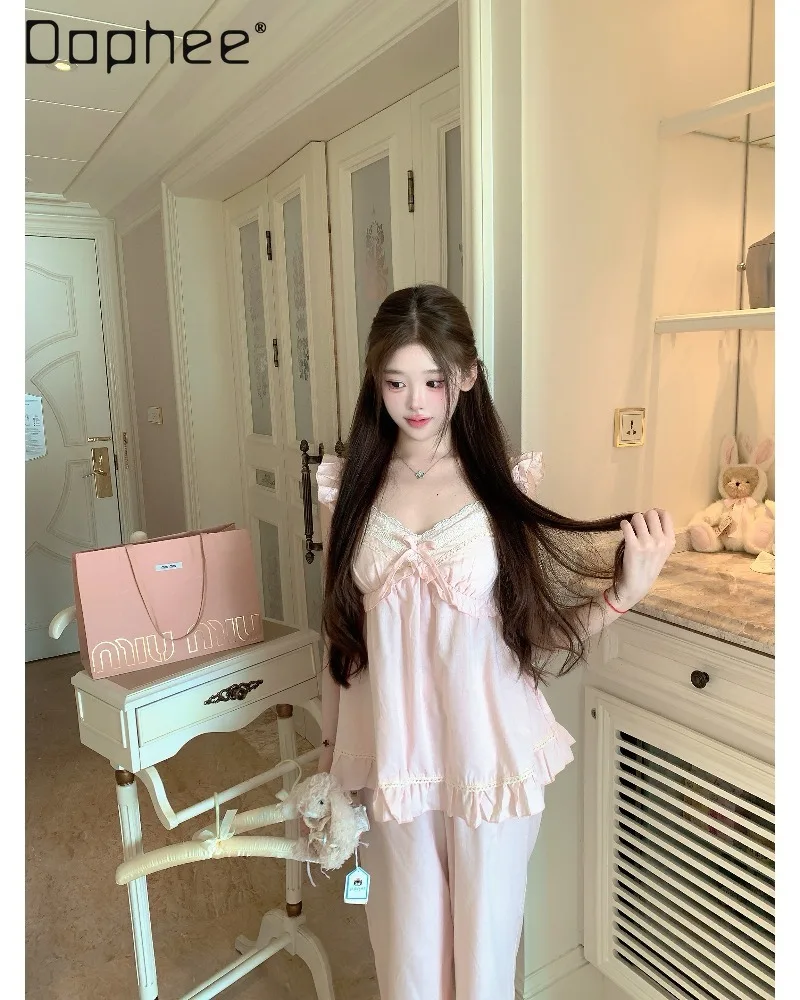 French Pure Desire Girl Pajamas V-shaped Lace Collar Xiaofei Suspender Lotus Leaf Sleeve Trousers Two-piece Set Women's Homewear