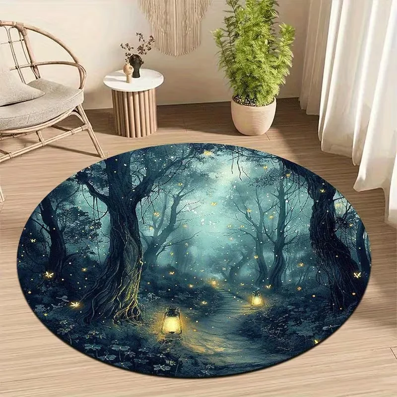 Mystic Enchanted Forest Round Area Rug Magic Fireflies Lantern Night Scene Floor Mat Fantasy Home Decor Carpet for Living Room