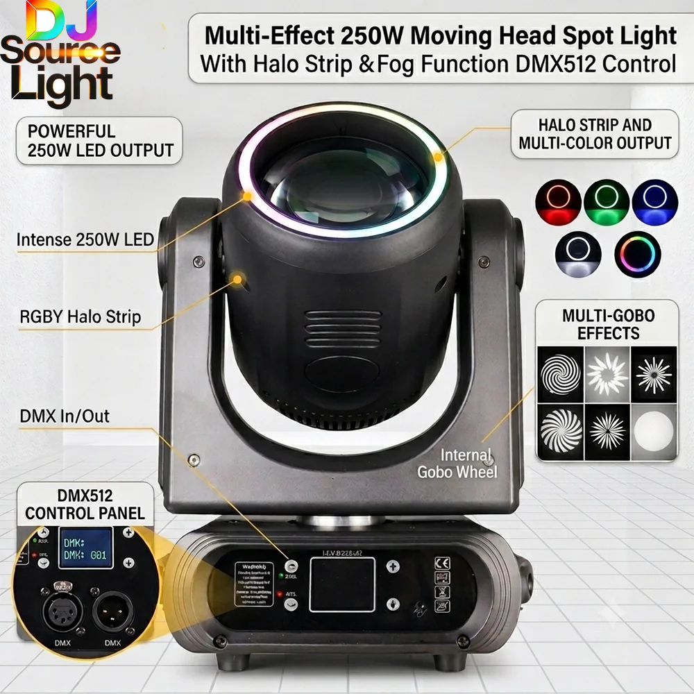250W LED Moving Head Beam Light+Spot+18 Rotating Prisms + Focus+Frost+Rainbow Effect with LED Ring  Suitable for DJs and Discos