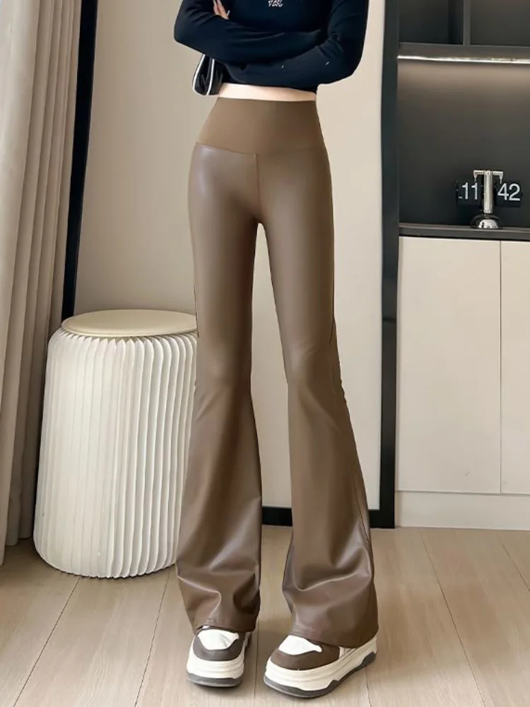 Spliced Thickened Bootcut Pants Women's Casual Fashion Wide Leg Pantalones Pu High Waisted Slim Straight Trousers Calcas