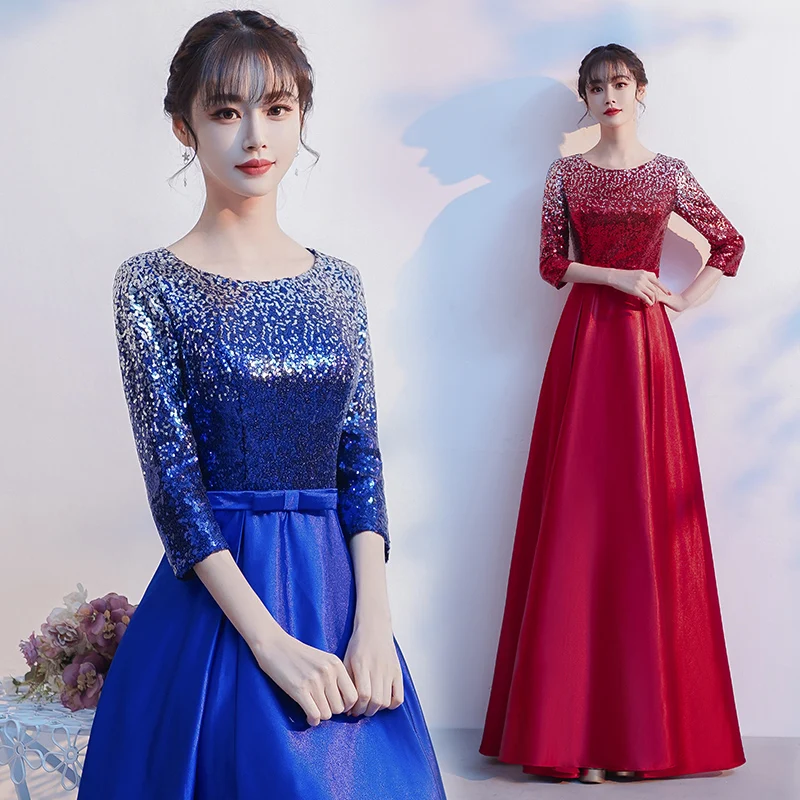 DLH-85#Cantata Performance Dress Cheap Wholesale Long Choir Host Evening Dresses Blue Wine Red Sequins Chorus Stylish Costumes