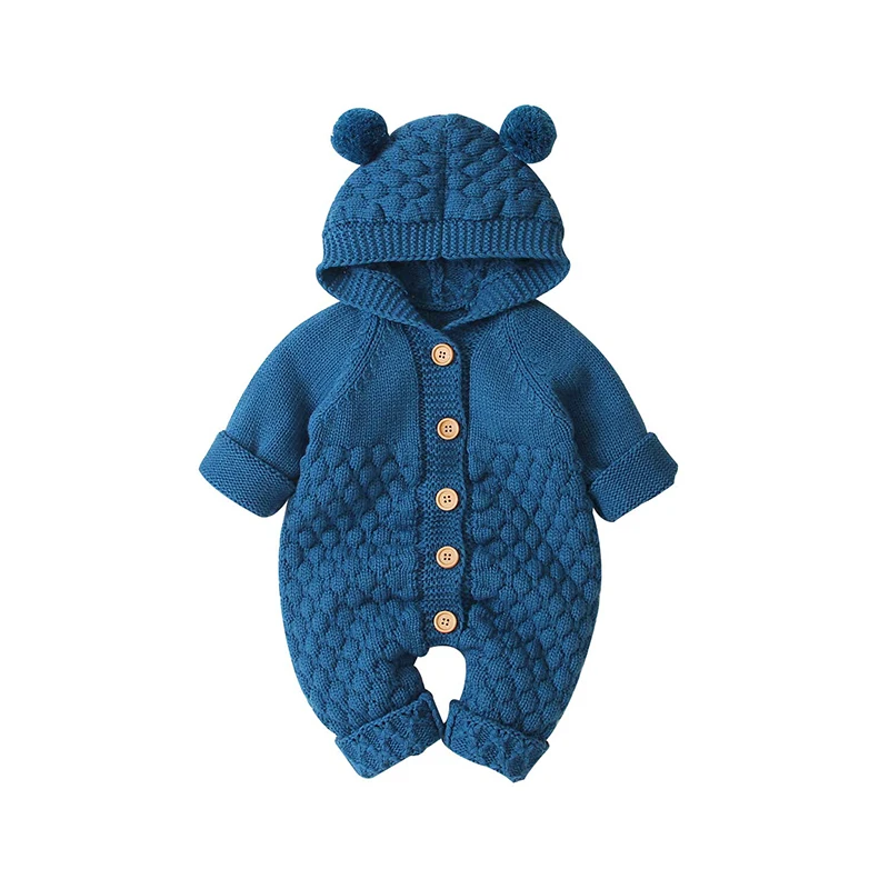 

Autumn Casual Hooded Long Sleeve Newborn Boy Girl Candy Color Rompers Jumpsuits 0-18m Winter Solid Knitted Infant Costumes 0-18m