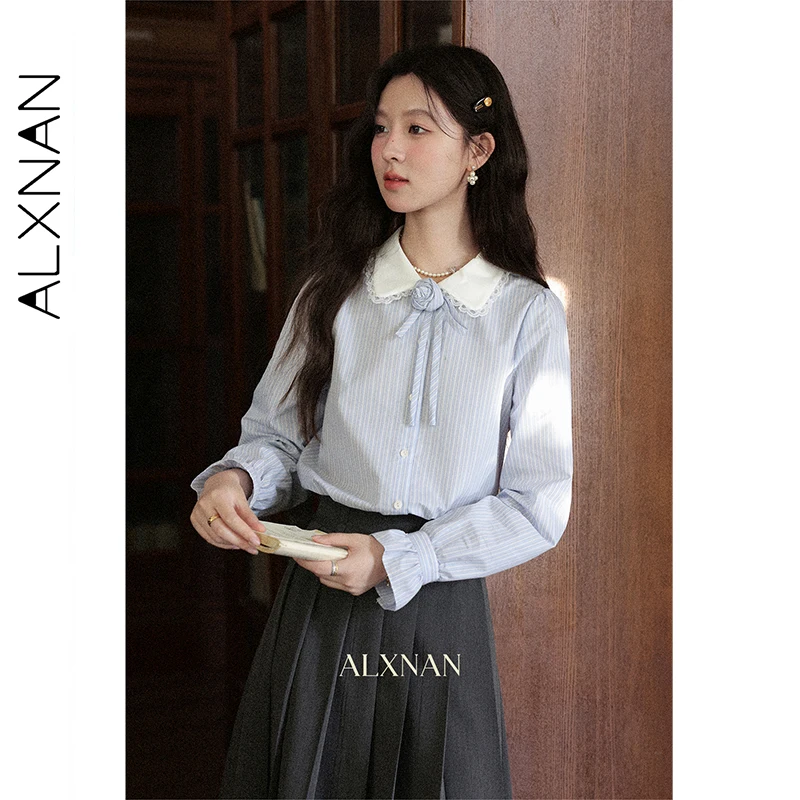 ALXNAN Blue Striped Long Sleeve Shirt Lace Trimmed Lapel Flared Cuffs Cotton Office Lady Blouses 2025 Fall Female Tops L57113