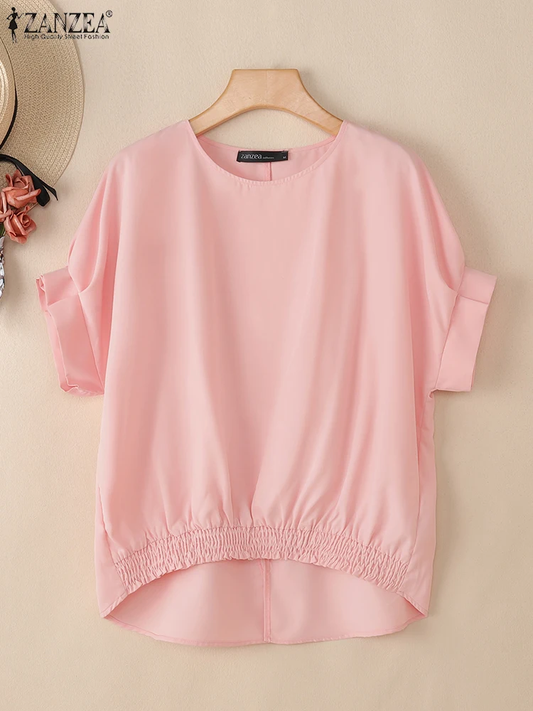 

ZANZEA 2025 Summer Fashion Smocked Hem Blouses Women O-Neck Short Sleeve Slit Back Blusas Mujer Stylish Solid Tops Streetwear