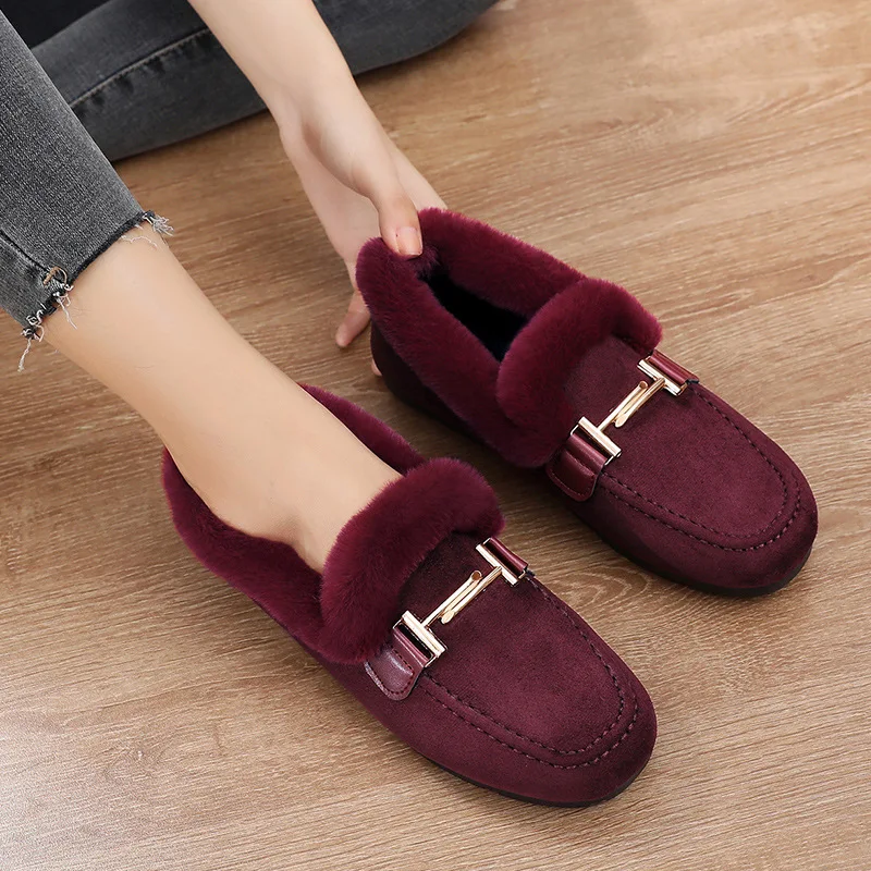 Zapatos planos de talla grande para Mujer, mocasines peludos de lana de cordero, zapatos cálidos de algodón para Mujer, mocasines con forro de piel de oveja para invierno