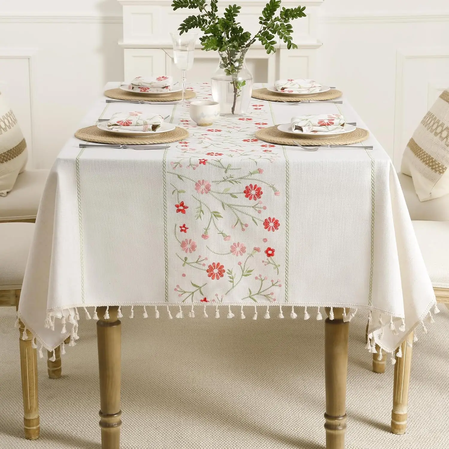 

Table Cloth Embroidery Floral Pattern Wrinkle Free Heavy Cotton Linen Farmhouse Tablecloth Decorative Fabric Tassel Table Cover