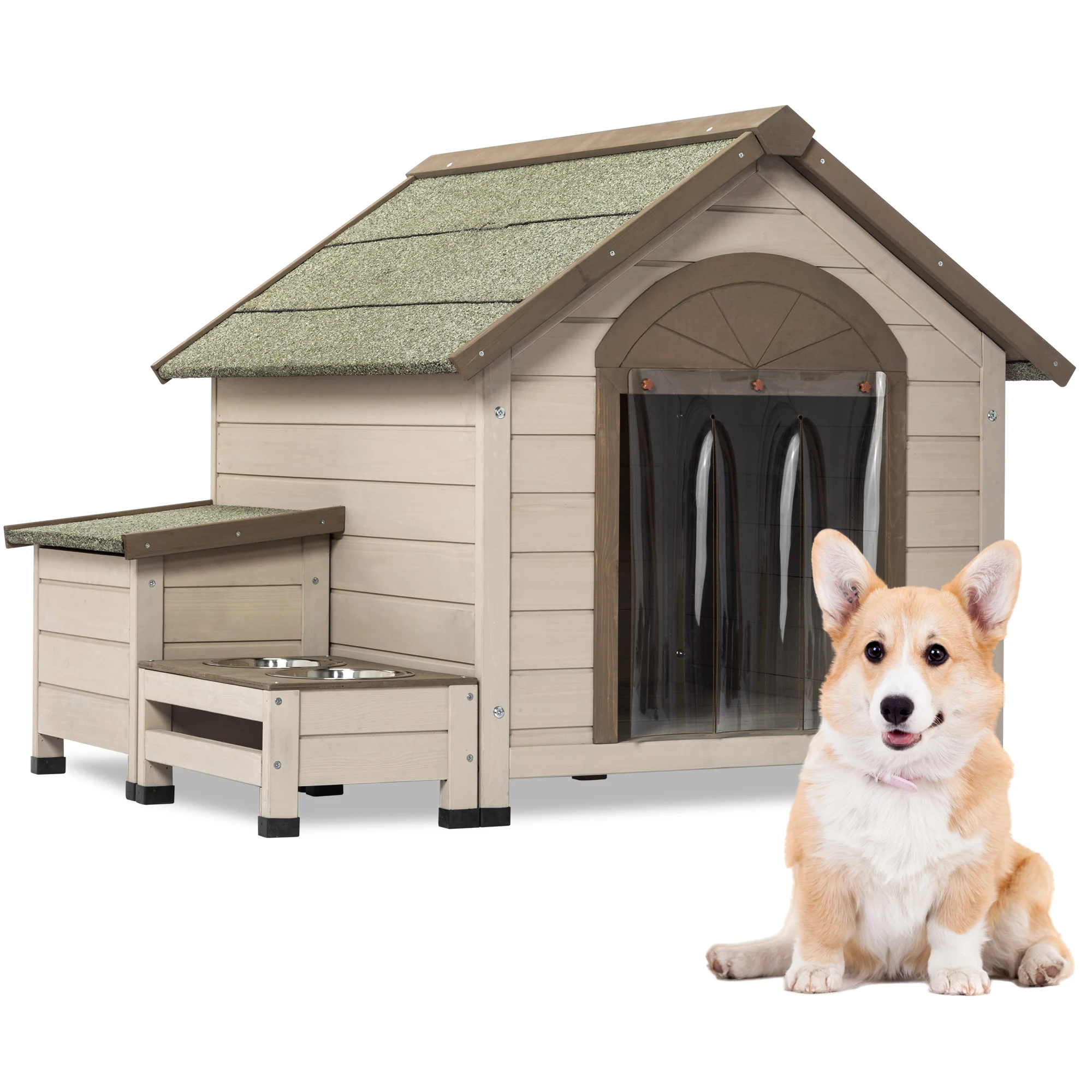 

Outdoor fir wood dog house with an open roof for small to medium dogs With storage box elevated feeding station with 2 bowls