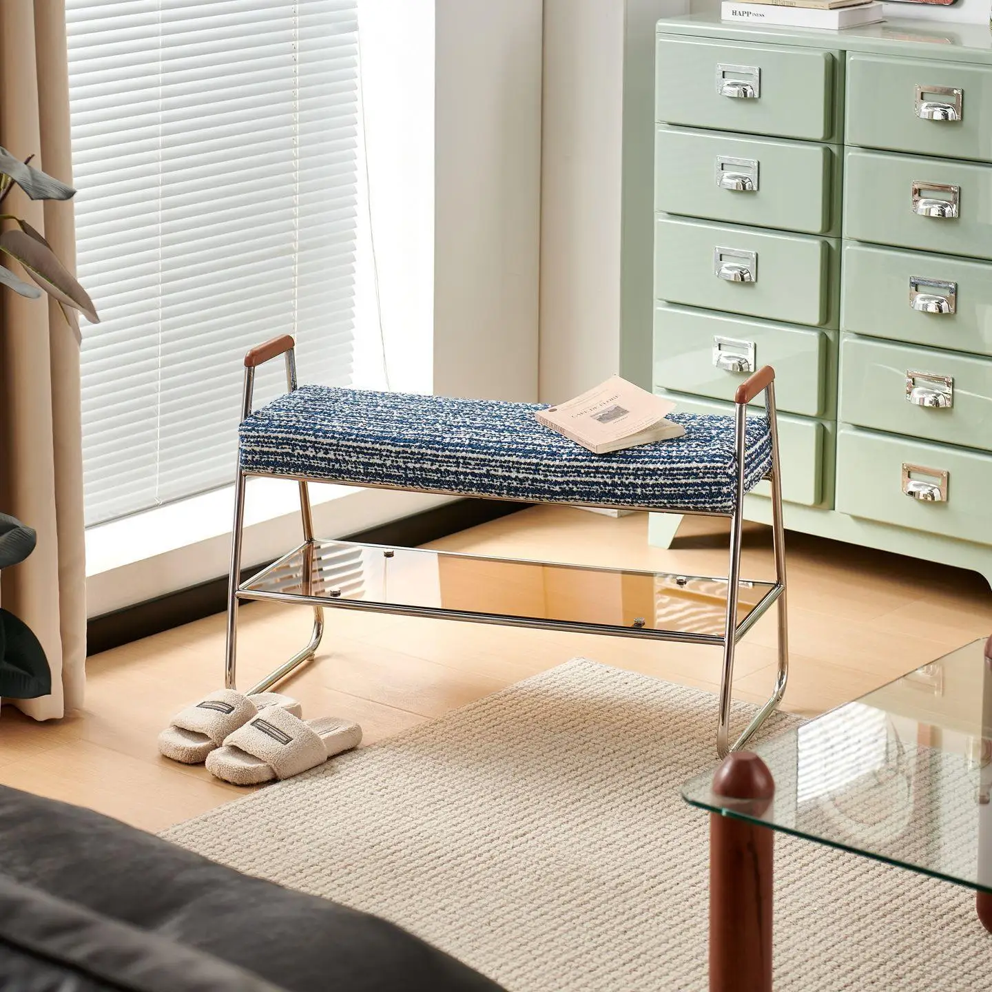 Nordic entrance chair, household solid wood shoe changing stool, soft bag double layer