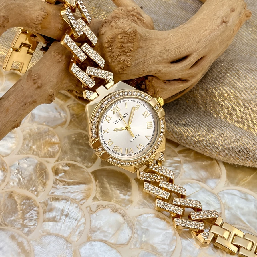 Luxury Round Diamond-Set Dial Flexible Diamond Chain Strap Gold Watch for Woman