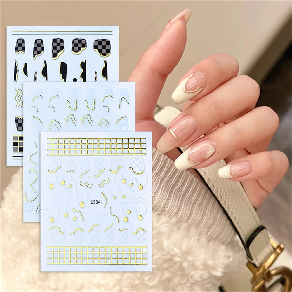 

1Sheet 3D Gold Line Nail Art Sticker Self-Adhesive French Checkerboard Wraps Nail Decal 3D Geometric Shape Sliders Strip 10*8cm