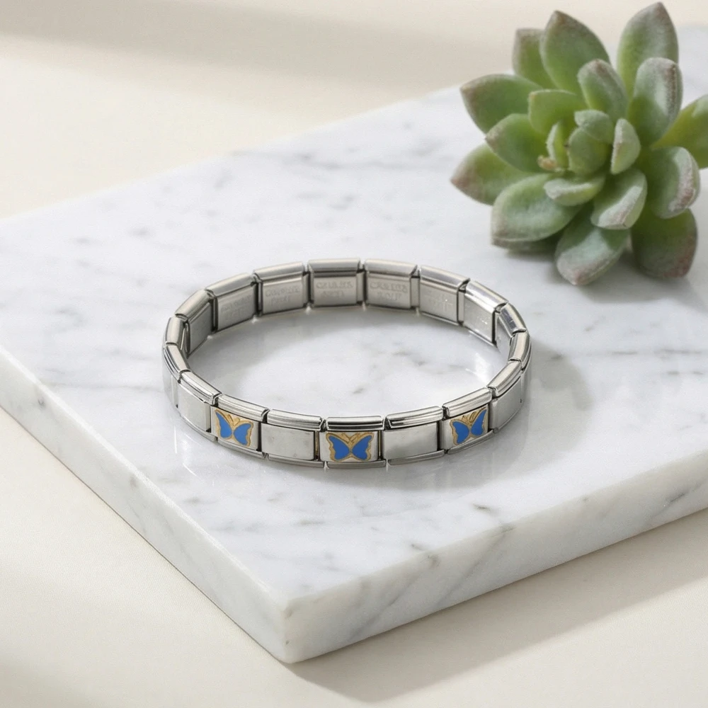 Silver Color DIY Charm Women Jewelry Hand Chain Trendy Italian Link Fit 9mm Stainless Steel Colorful Butterfly Bracelet Making