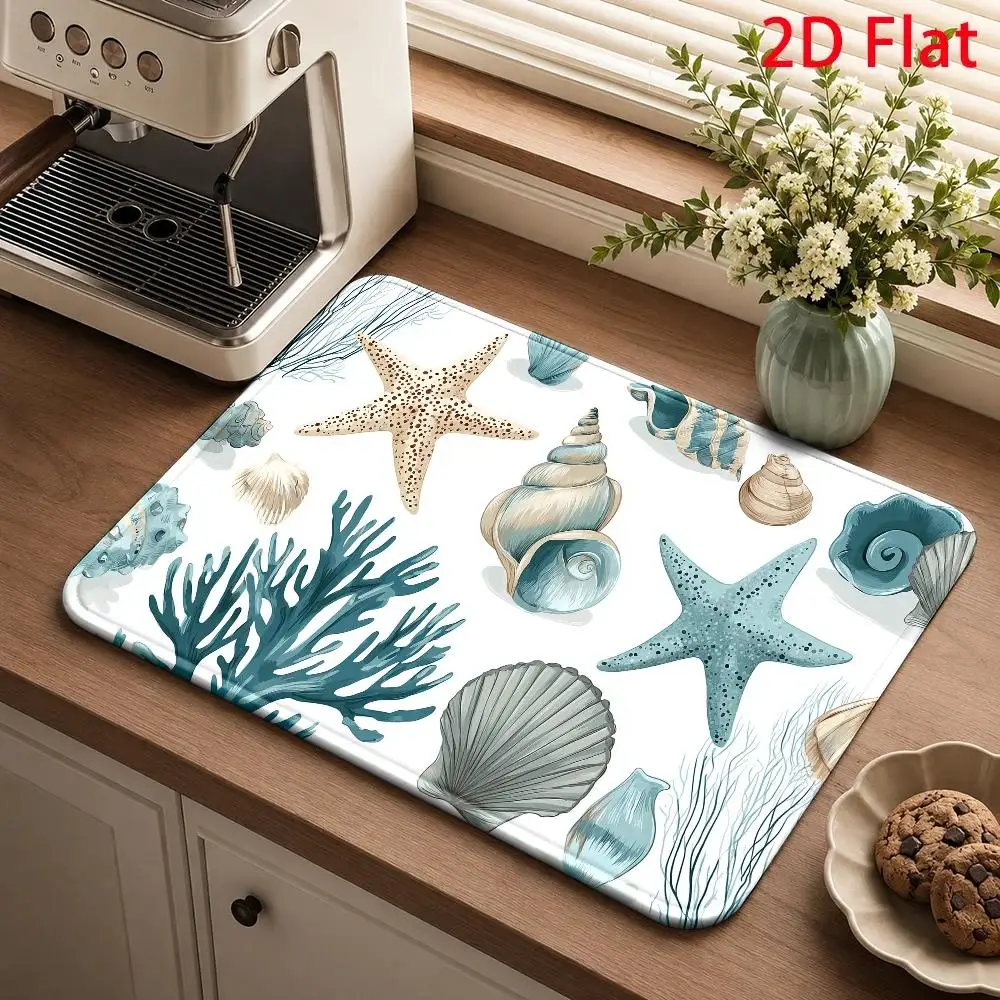 Ocean Starfish Dish Drying Mat Seashell Coral Countertop Mat Super Absorbent Coastal Coffee Bar Kitchen Counter Drying Pad
