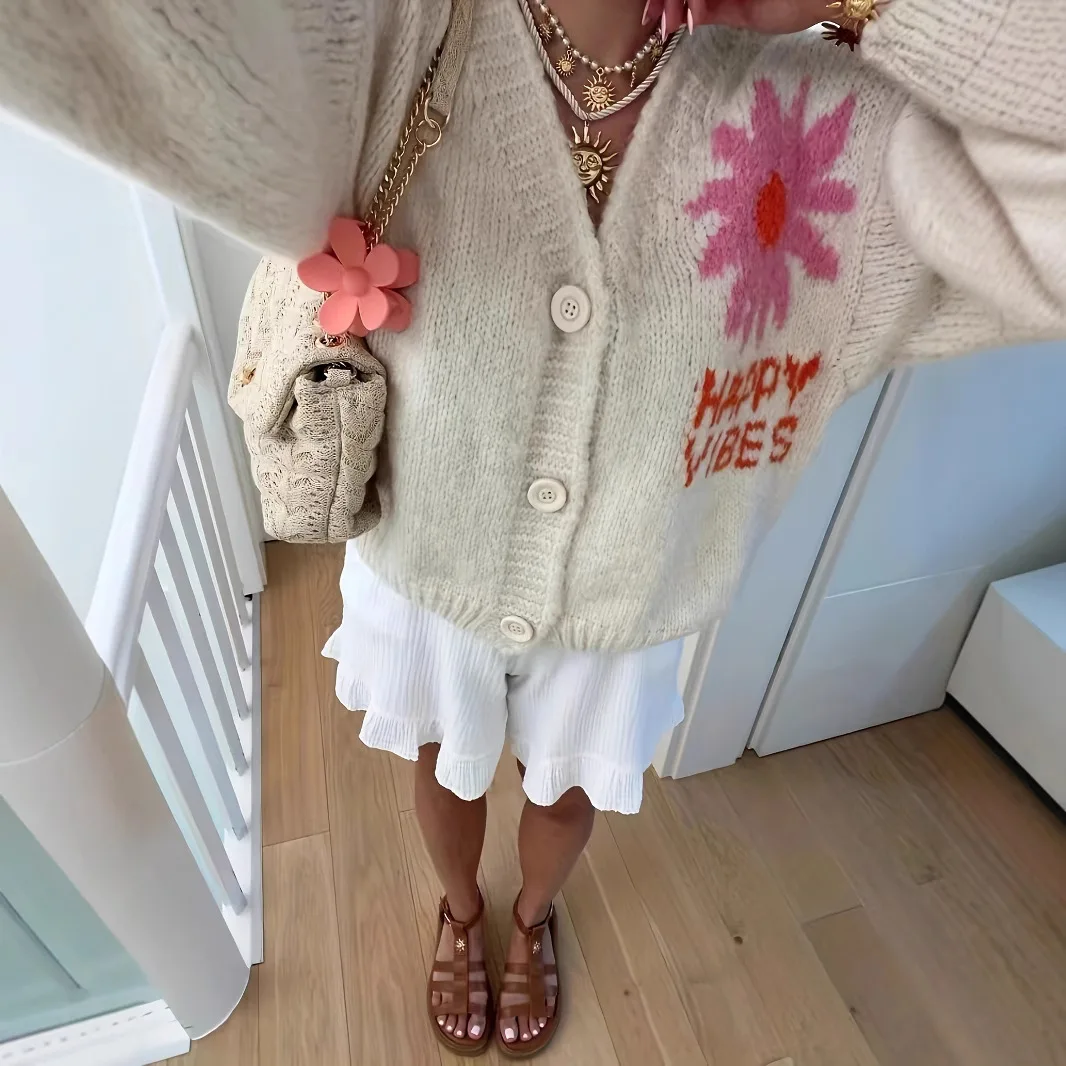 Cardigan con coprispalle casual elegante floreale albicocca 006