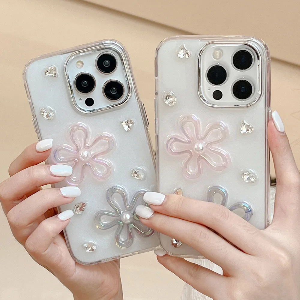 Luxury 3D Laser Flower Love Heart Rhinestone Epoxy Phone Case For iPhone 11 12 13 14 15 Pro Max Plus Glitter Shockproof Cover