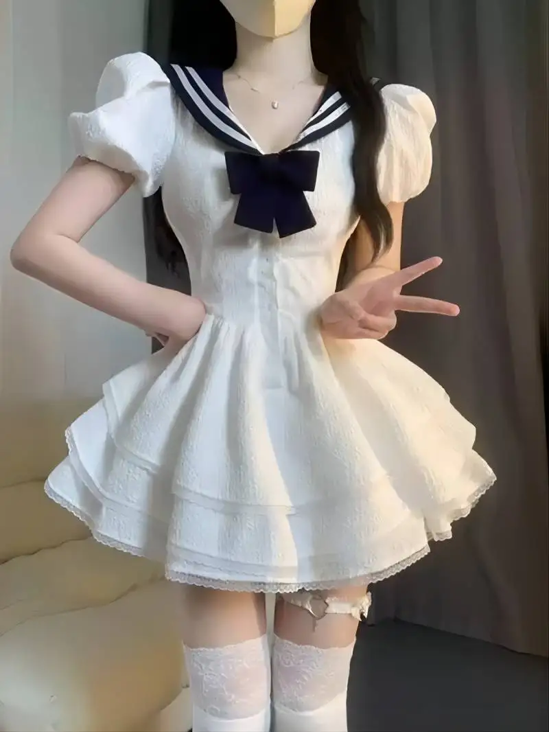 

CGC Preppy Style Lolita White Dresses Navy Collar Kawaii Summer Japanese White Dresses Casual Short Sleeve Elegant Party Dress