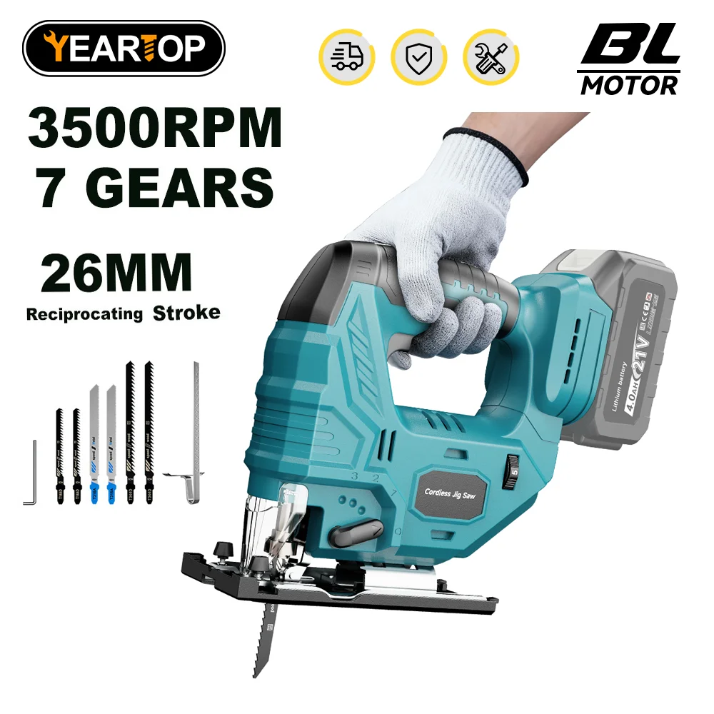 

YEARTOP Brushless Electric Jig Saw Cordless 7 Variable Speed Wood Cutting Woodworking Power Tool For Makita 18V Battery