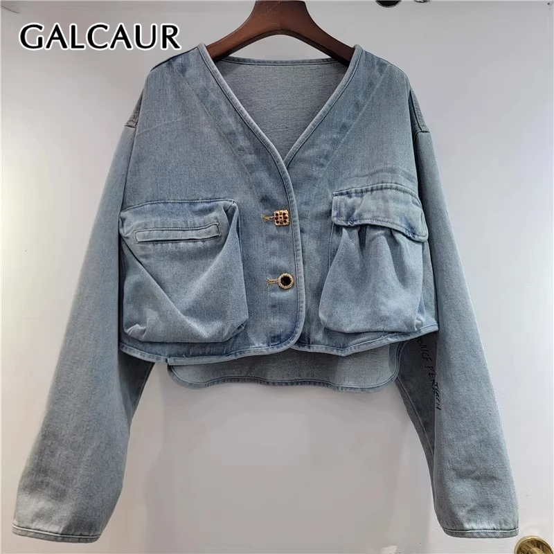 

GALCAUR Solid Spliced Pockets Cowboy Jackets for Women V Neck Long Sleeves Patchwork Single Breasted Jacket Female Fashion Style