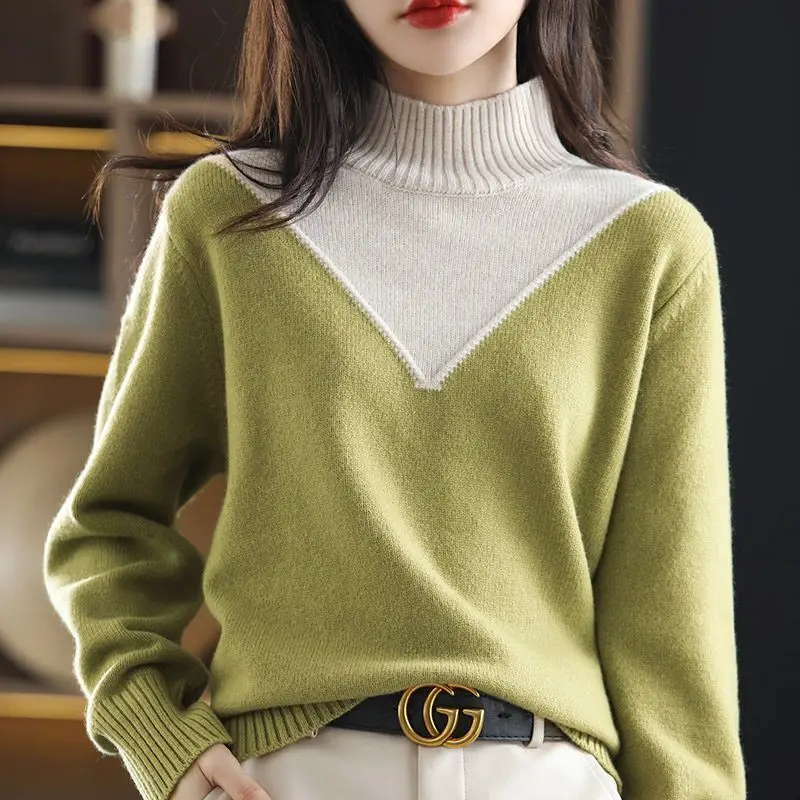 Fashion Vintage Women Warm Turtleneck Wool Sweater Autumn Winter Contrast Korean Clothing Slim Patchwork Long Sleeve Pullovers