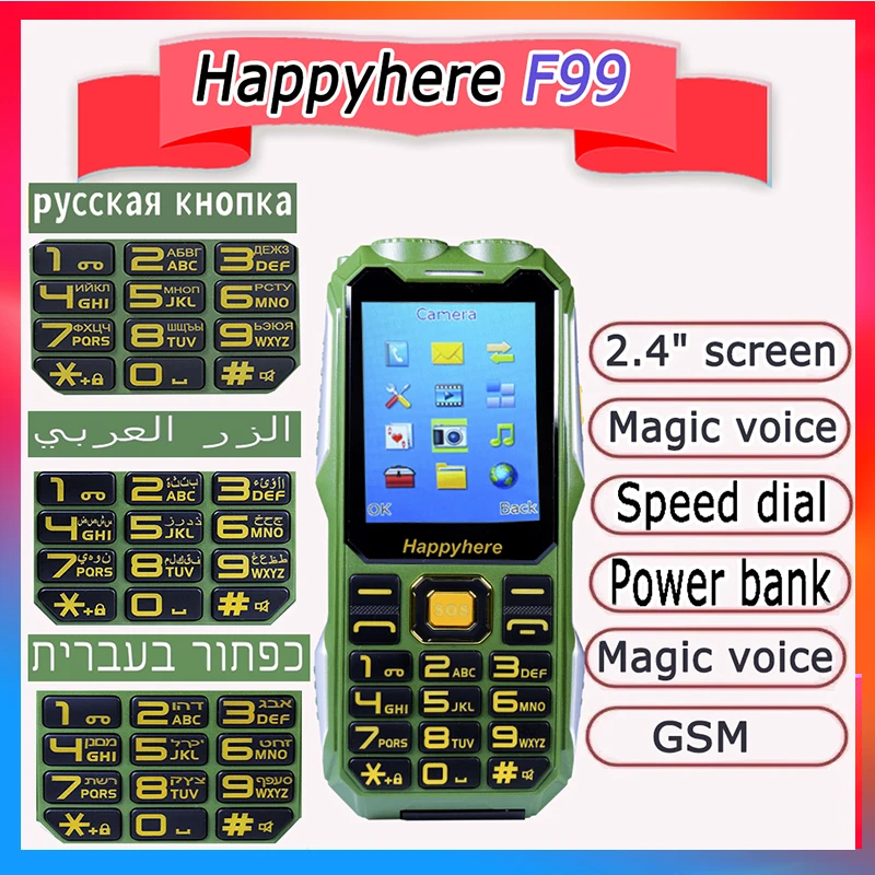 Happyhere F99 Power Bank Mobile Phones Unlocked FM Torch Cheap Shockproof Rugged Russian Arabic Hebrew Push-button Cell Phone