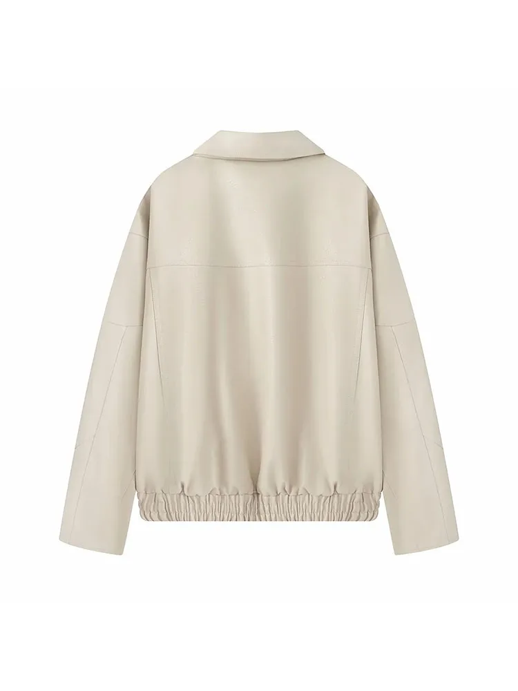 المرأة 2025 الخريف سترة جلدية معطف سستة زر جيب مرن كم طويل الصلبة الإناث السترات معاطف السيدات #6