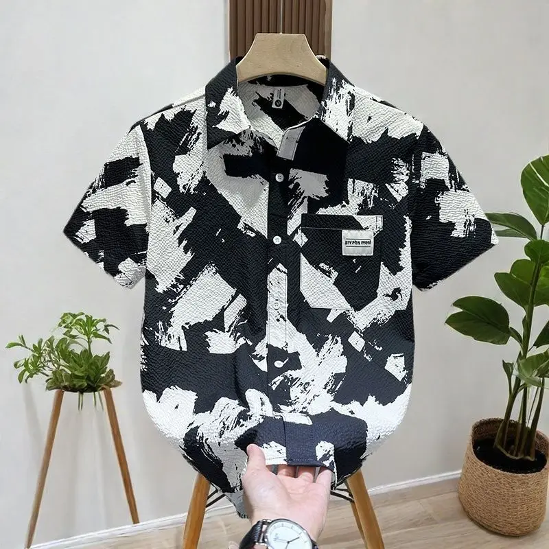 

Niche Summer Light Luxury Casual Printed Shirt for Men Fashionable and Versatile Short-sleeved Literary Lapel Shirt Loose