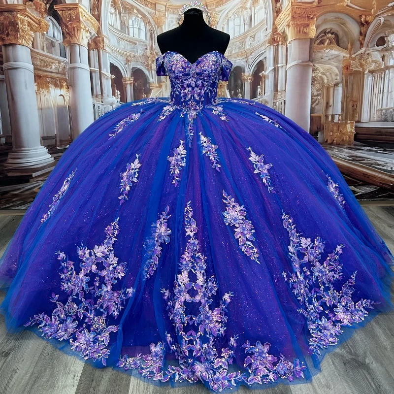 

Customized Royal Blue Shiny Off Shoulder Quinceanera Dresses Applique Lace Beads Party Birthday Princess Dress Sweet 16 Vestidos