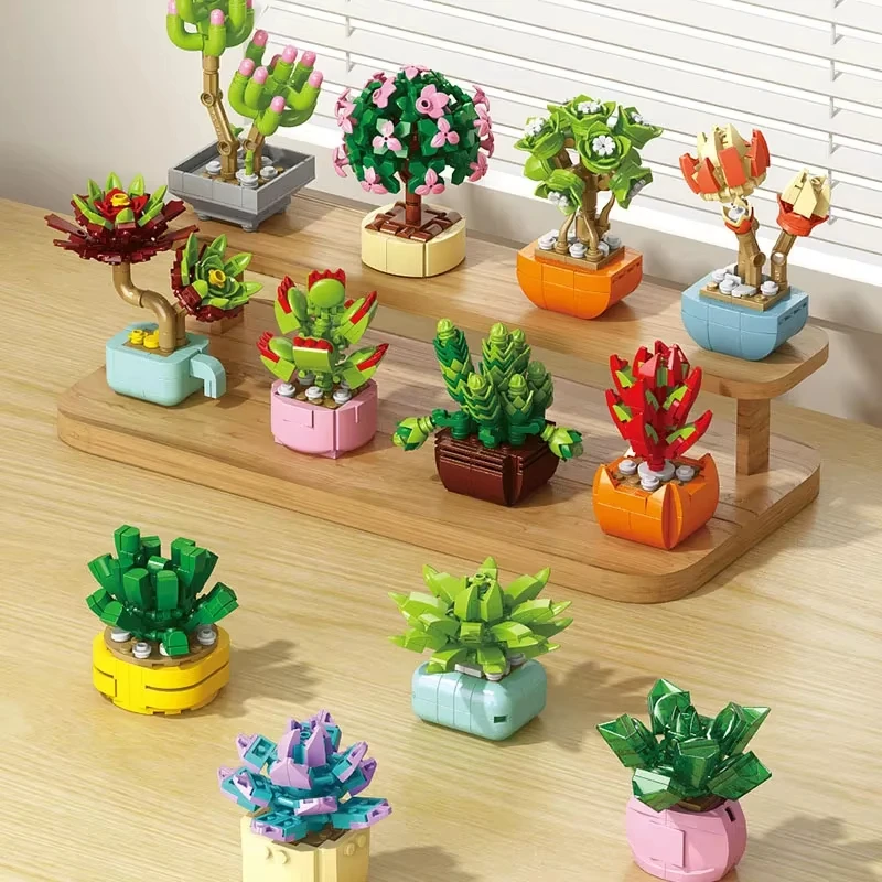 Flower Succulent Bonsai Building Blocks Set Bouquet Clamping Blocks for Adults Home Decor Birthday Thanksgiving Gifts for Girls