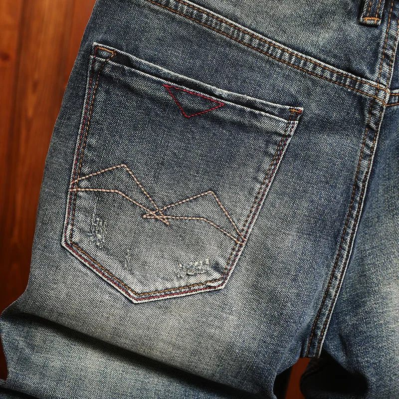 High end summer denim shorts for men, trendy, fashionable, stretchy, nostalgic, retro men's clothing, denim five quarter pants