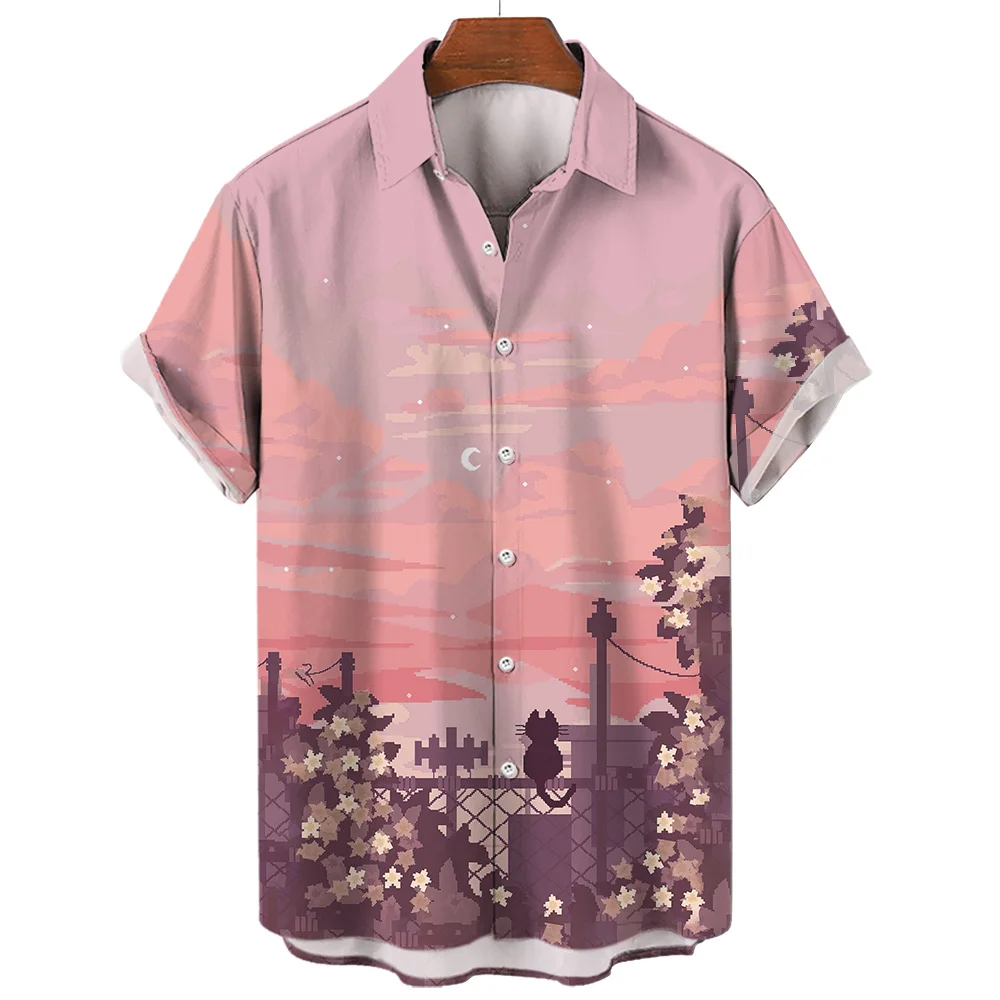 Camisa masculina com padrão paisagem, camiseta casual extragrande, tops de manga curta, streetwear Harajuku, roupas masculinas, verão