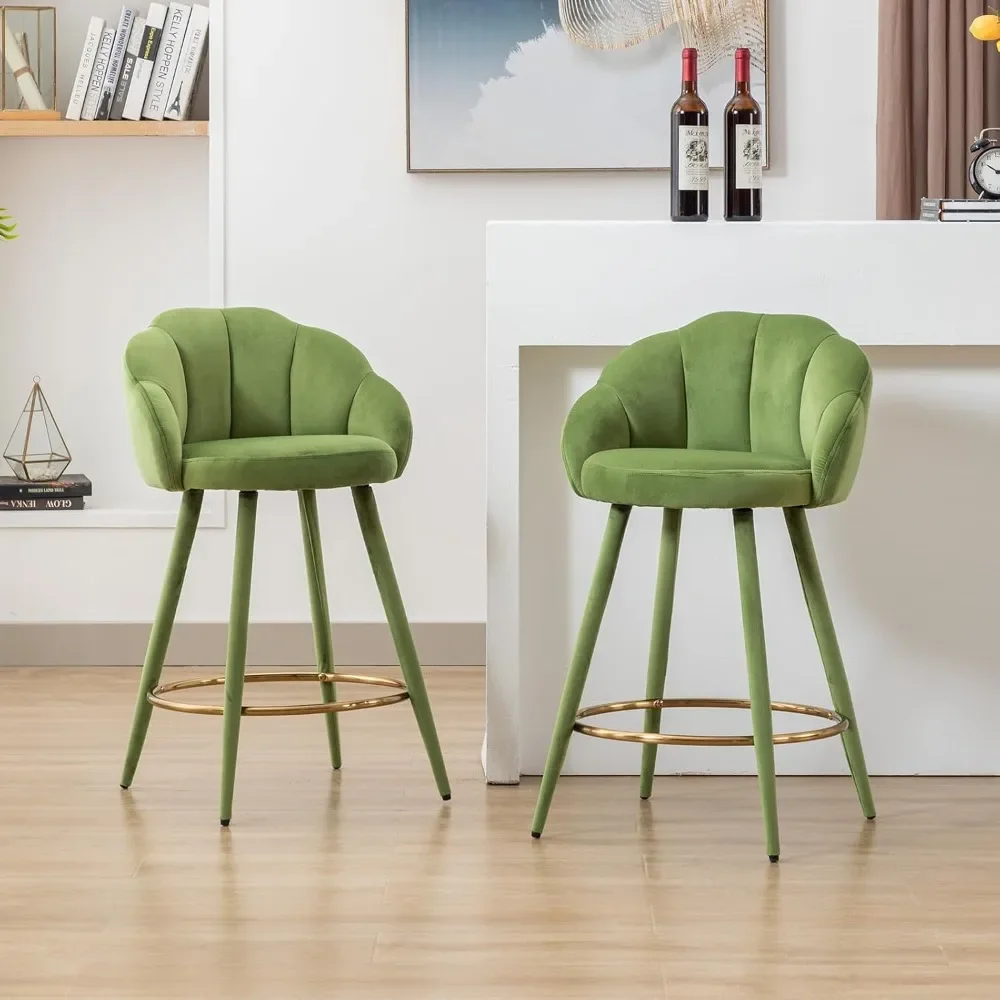 

Velvet Counter Stools Set of 2 Modern 25.5" Counter Height Barstool with Petal Back & Gold Metal Ring Footrest Comfy Upholstered