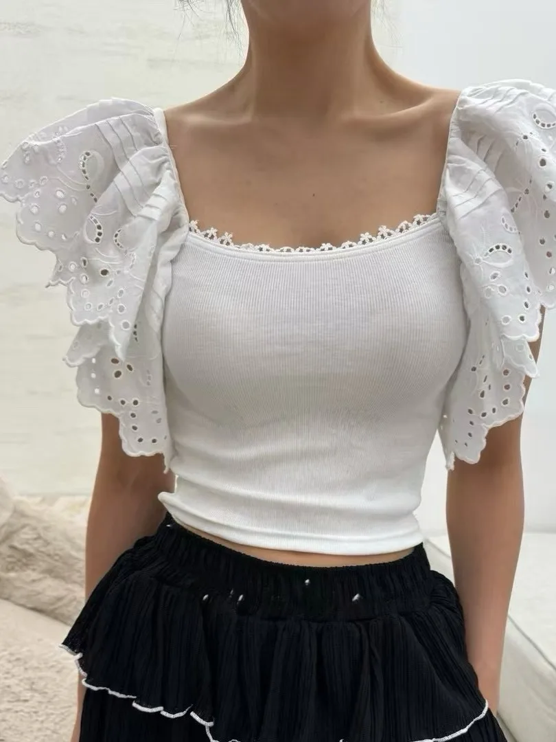 

Slimming Effect Summer New Women's T-irt Lace Trim Fly Sve Ele Personali Top Faionable Sle Casual Cotton Tee