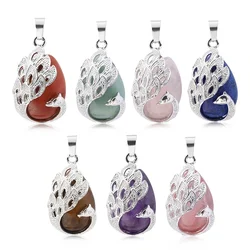 Water Drop Natural Stone Pendant Peacock Necklace Quartz Crystal Opal Tiger Eye Necklace Pendant for Women Men Jewelry Gift