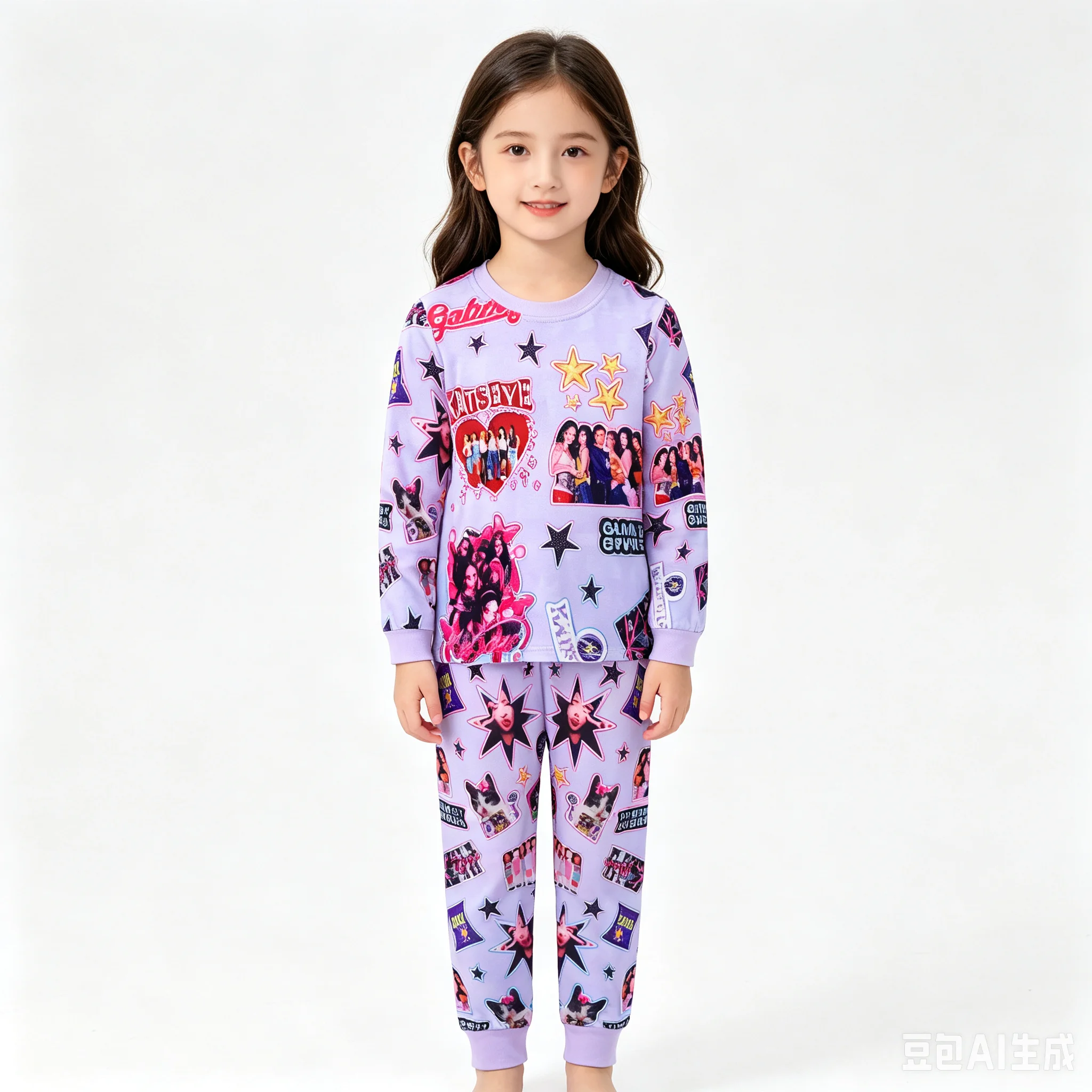 Kpop KATSEYE Cartoon Print Girls Pyjamas Set Pjs Outfit Nightwear Long Sleeved Top Sleepwear Cosplay Party Kids Homewear 4-9