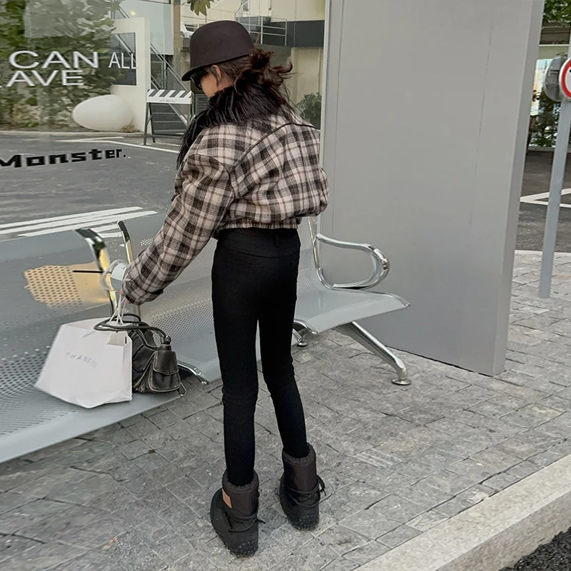Children's plaid fur collar brand cotton coat imitation fur long sleeved girl's warm coat warm sports jacket 2025new winter coat