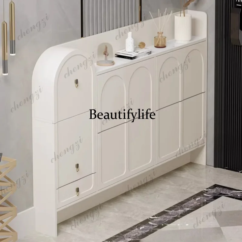 Cream Style Ultra Thin Flip Top Shoe Cabinet Entryway Narrow 17cm Storage Bench Hallway Furniture Wall Mounted Organizer