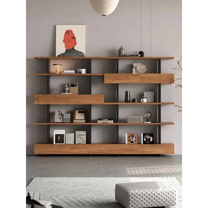 Wrought iron living room solid wood drawer bookshelf bookcase shelf floor-to-ceiling multi-layer reading integrated against