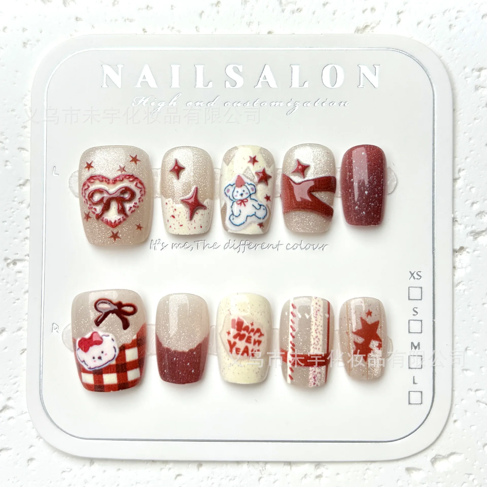 24 STKS Vierkante Nepnagels Rode Beer Cat Eye Druk op Nagels 3D Boog Frans Ontwerp Schattig Zoet Ins Stijl Festival Kunstnagels voor Meisje