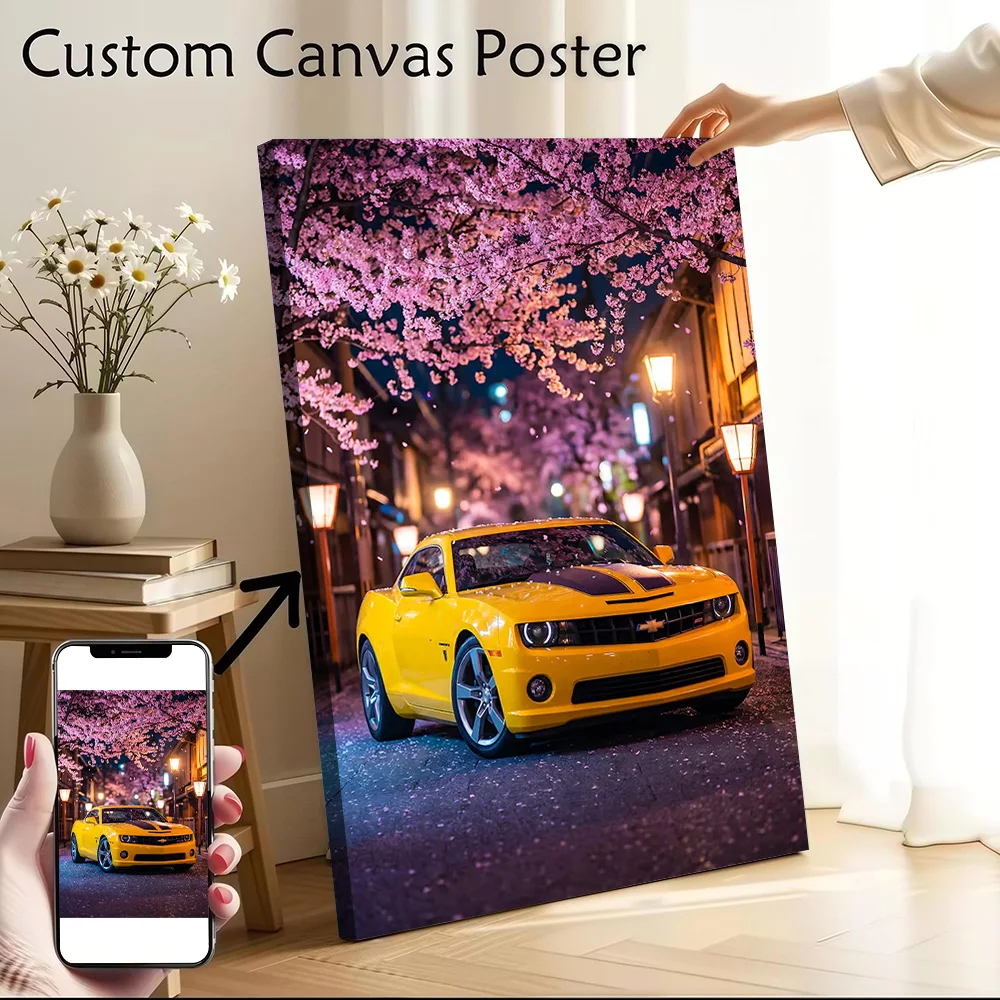Car Yellow Camaro Cherry Blossoms Canvas Poster Wall Art Customizable High Quality Printed Picture for Living Room Decorations