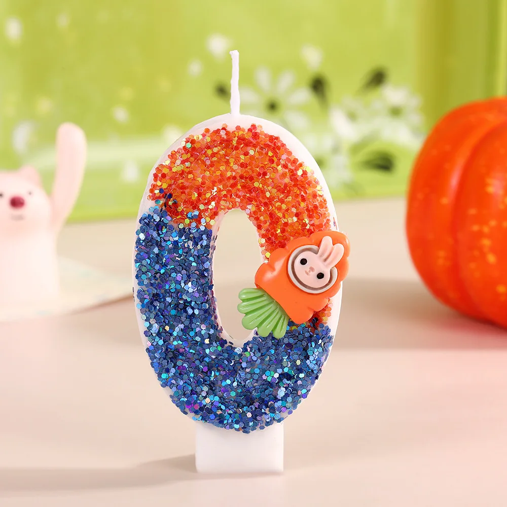 Cartoon Rabbit Figurines Birthday Candles, Blue Orange Patchwork Sequined Digital Candles, Festival Party Desserts Cake Decor