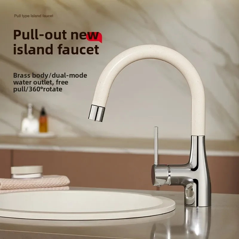 Splash-proof hot and cold water tap with a small bend, telescopic and retractable, for bathroom sinks and island units