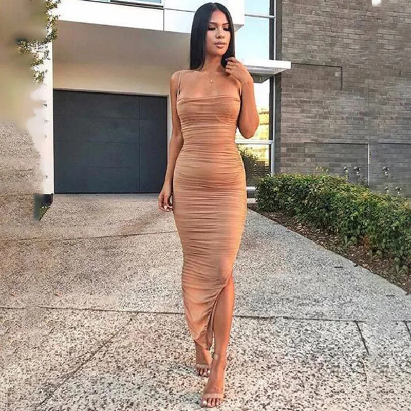 HQBORY Summer women strap Folds elegant bandage dress Black Grenadine Suspender Bandage Dress Mesh Split Out Sexy Bodycon Dress