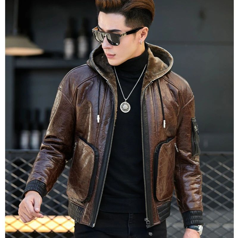 

Natural Sheepskin Men's Motorcycle Short Genuine Leather Jacket Men Hooded Shearling Coat Winter Brown Real Sheep Fur Overcoat