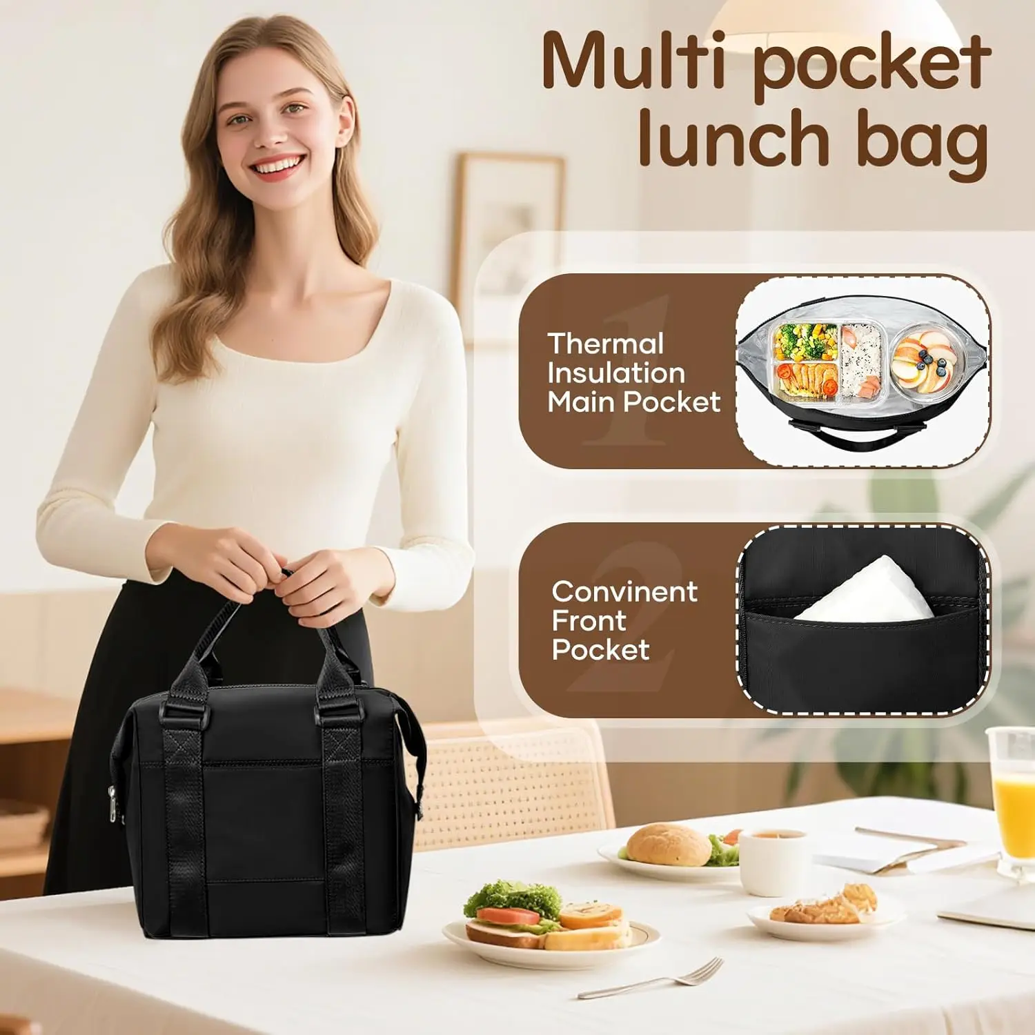 Adult Lunch Tote Cooler Bag loncheras para mujer Lunchbox Lunchbag for Men Work Picnic Office Beach Black