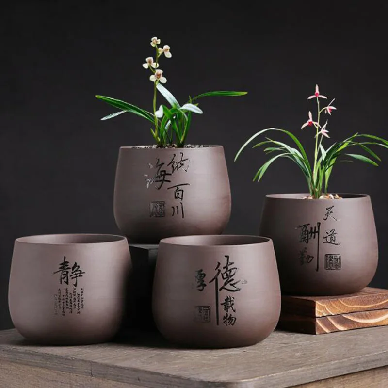 Chinese Style Purple Clay Flower Pot Orchid Plant Container Bonsai Vase Plant Pot with A Hole Home Garden Decor