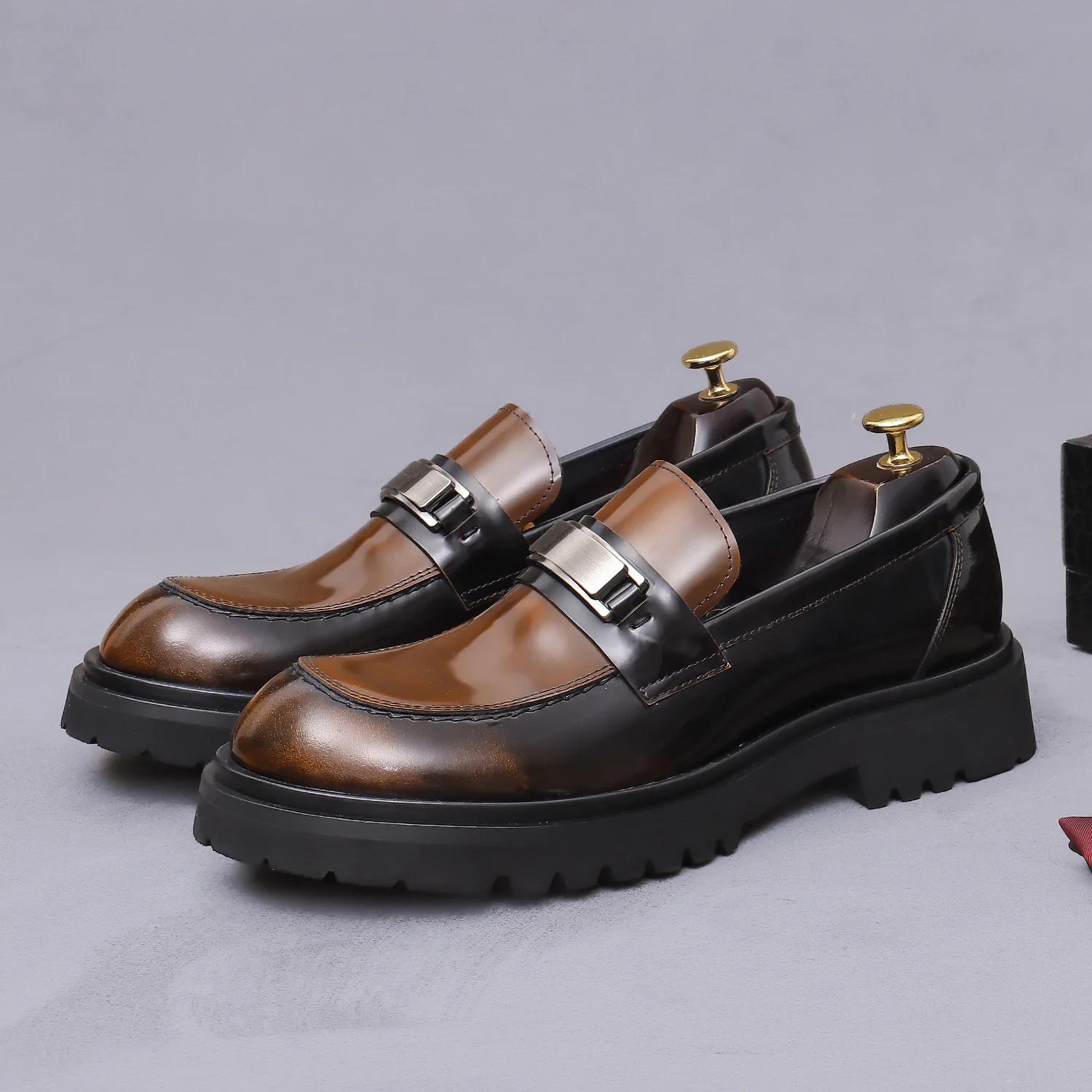 YETTIES Men's Patent Leather Loafers | Round Toe Chunky Sole Height-Increasing Low-Top Casual Shoes | British Style Student Foot
