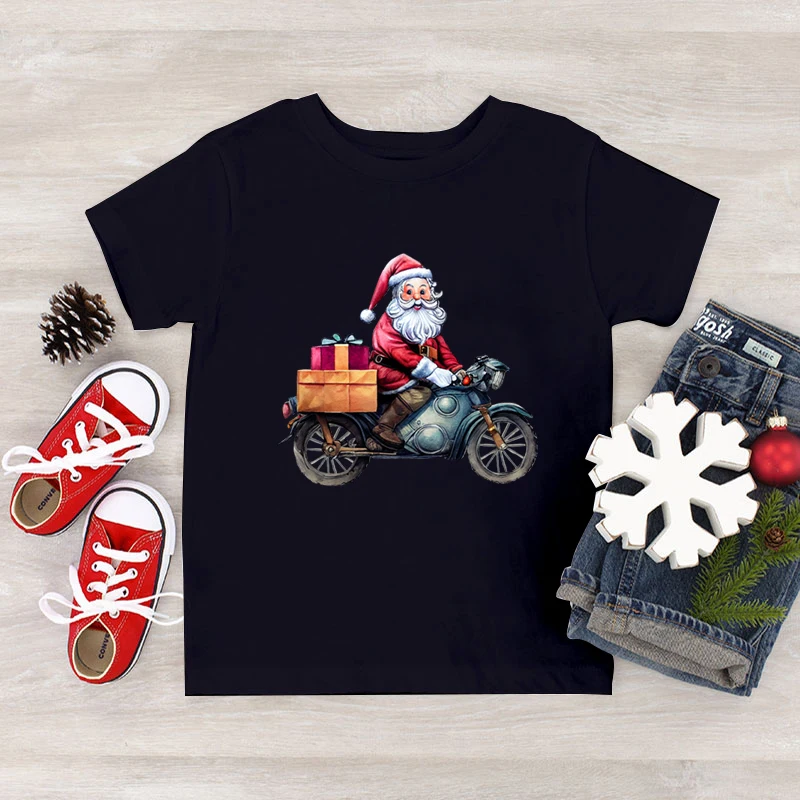 2025 New Christmas T-shirt Santa Claus Riding A Motorcycle Print Kids T Shirt Fashion Short Sleeve Xmas Gift Streetwear Tshirt