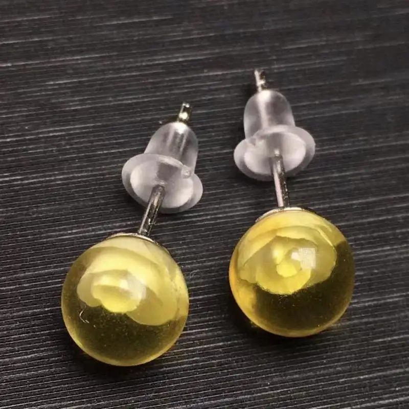 100% Natural Baltic Amber Ball Earrings Women Fine Jewelry Genuine Baltic Amber Flower Round Beads Ear Studs Girlfriend Mom Gift