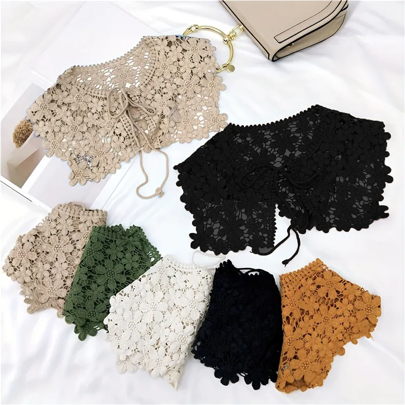 2024 New Vintage Style Womens Doll False Fake Collar Hollow Out Crochet Lace Half Shirt Shawl Lace Cutout Shawl